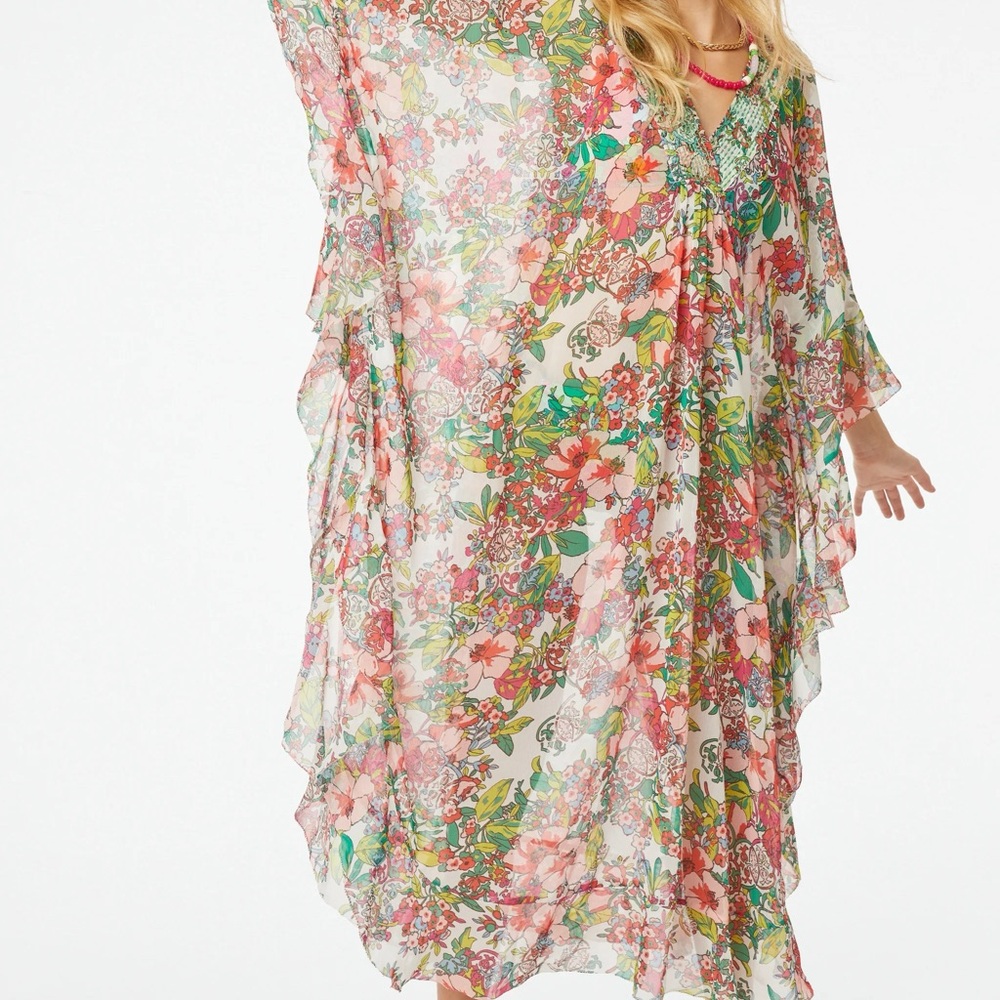 Roller Rabbit Floral Sheer Caftan in Pink, Green and Coral